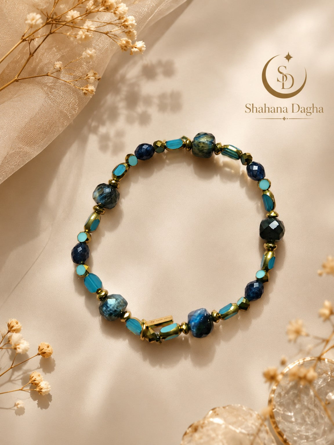 Dark Blue Tiger’s-Eye, Sapphire and Teal Glass Bead Bracelet