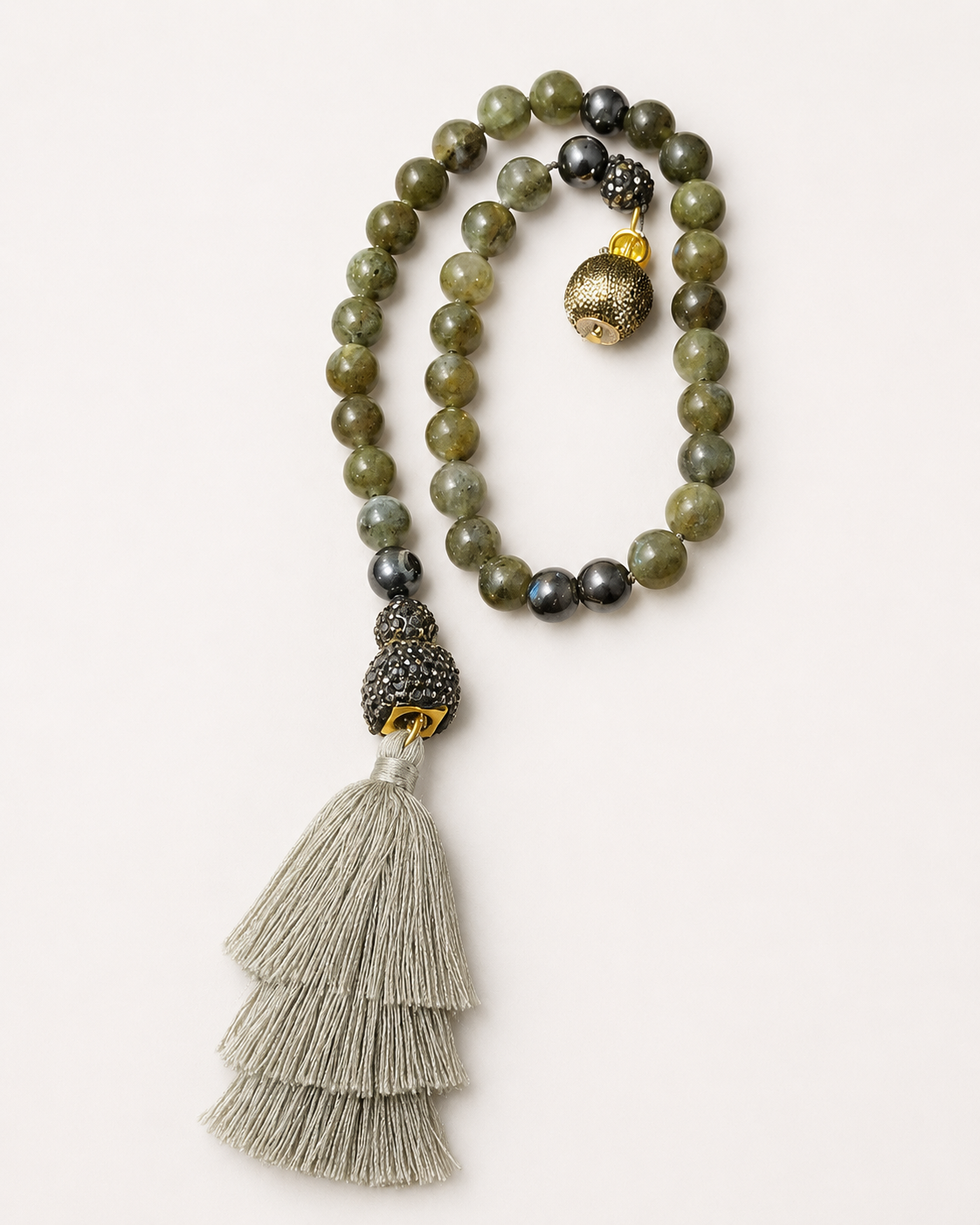 Green Labradorite Tasbeh with Silver Silk Tassel
