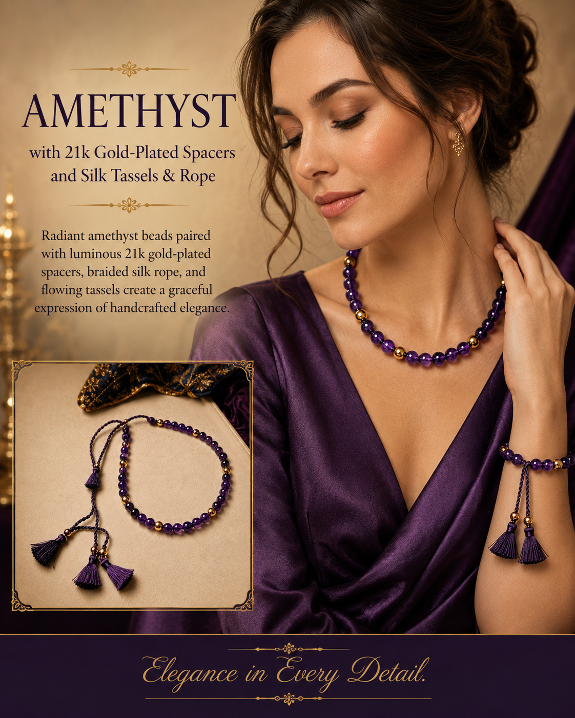 Amethyst and 21K Gold-Plated Spacer ,Silk Tassel Necklace and Bracelet Set