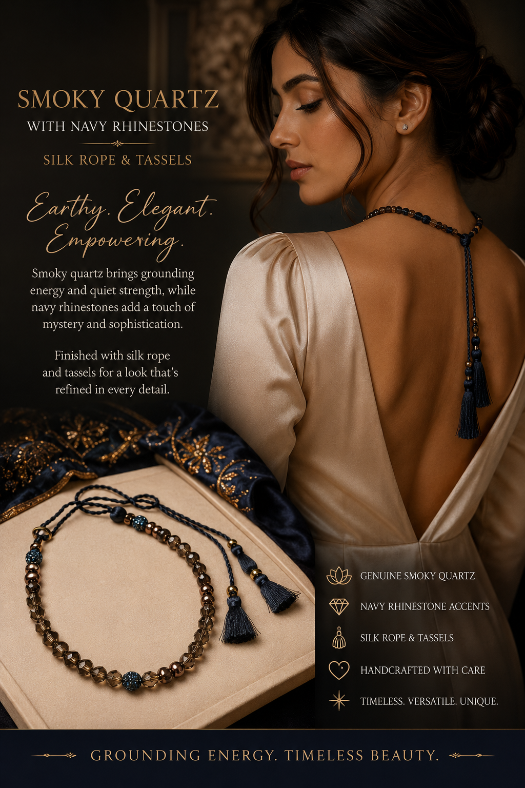 Smoky Quartz, Chocolate Hematite and Navy Silk Tassel Necklace