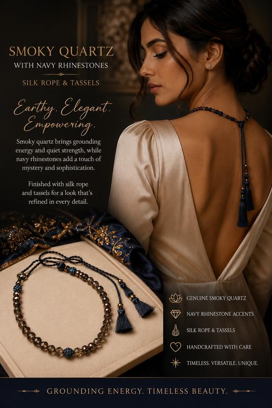 Smoky Quartz, Chocolate Hematite and Navy Silk Tassel Necklace