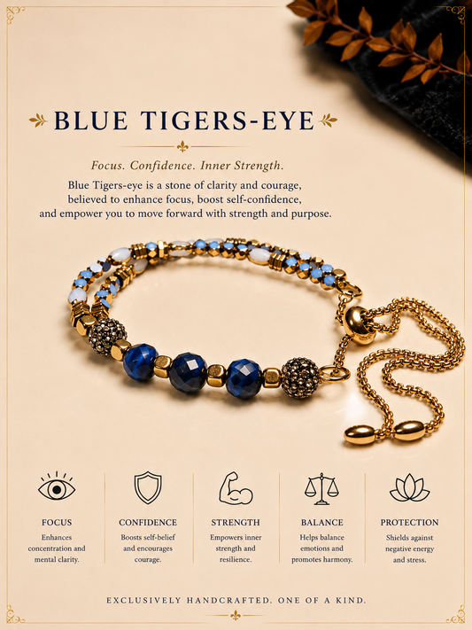 Blue Tiger’s-Eye, Gold-Toned and Rhinestone Adjustable Bracelet