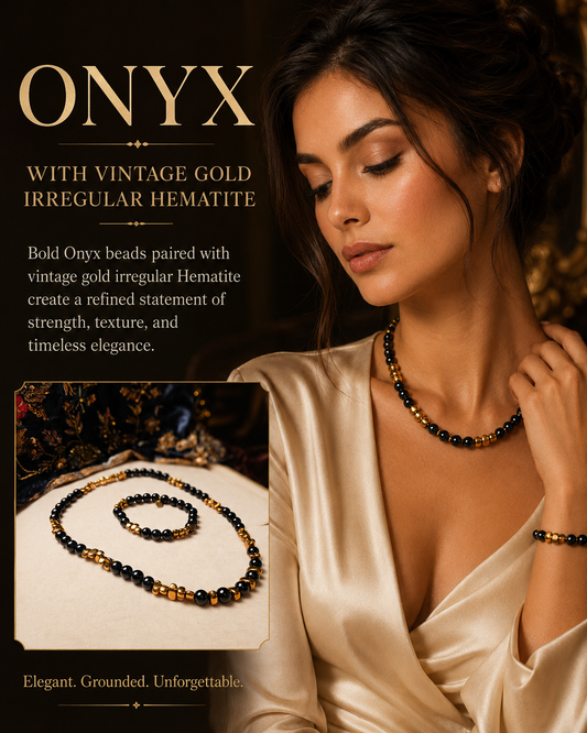 Onyx & Vintage Gold Hematite Necklace and Bracelet Set